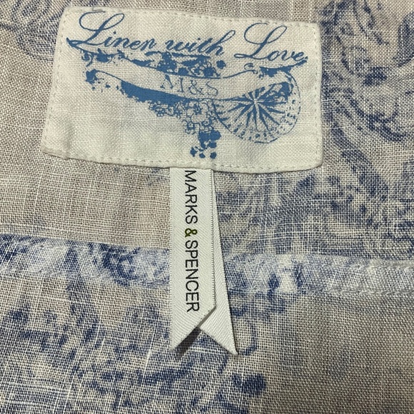 MARKS & SPENCER 100% Linen with Love White Blue 3/4 Roll Tab Sleeve Top Sz S - Picture 4 of 9